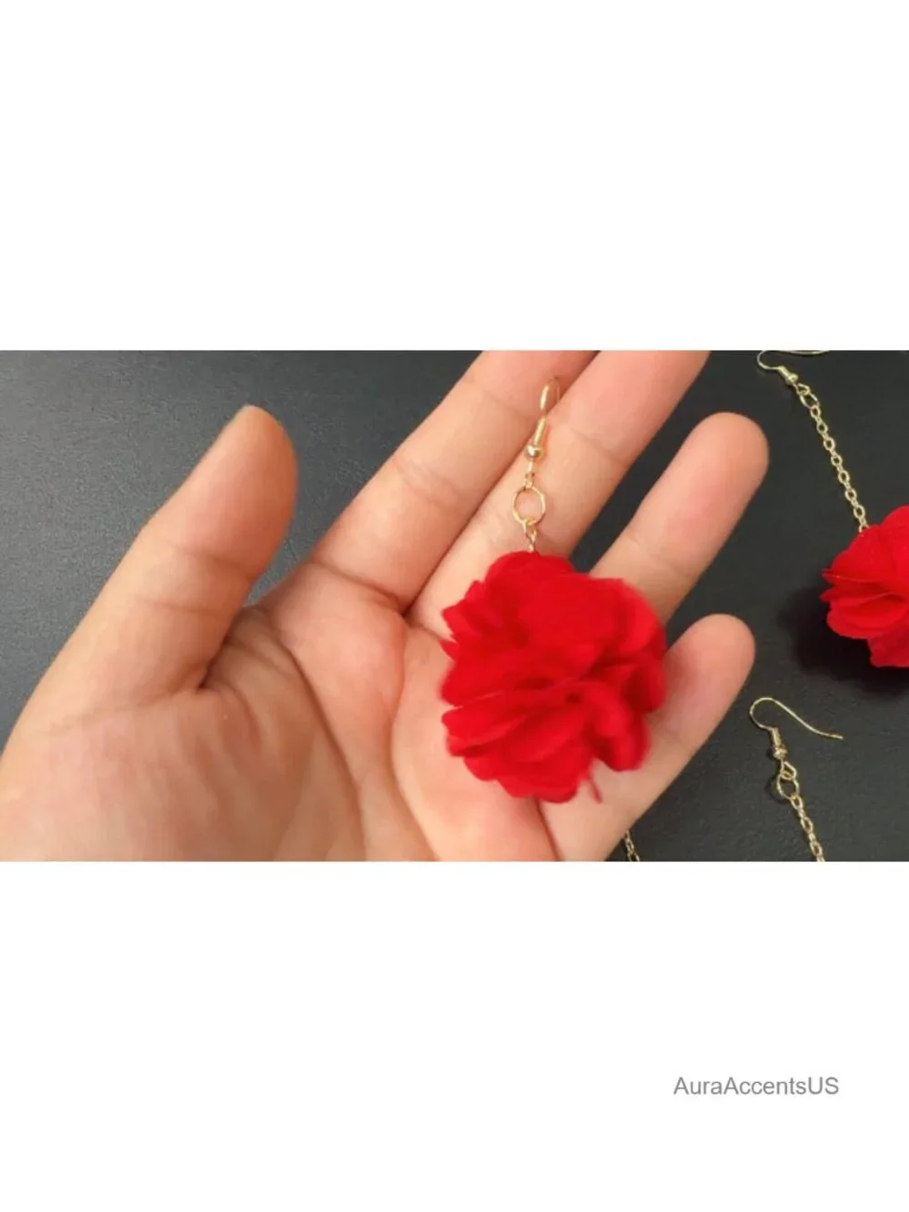 Matte Black Fabric Peony Long Drop Earrings Gold Chain